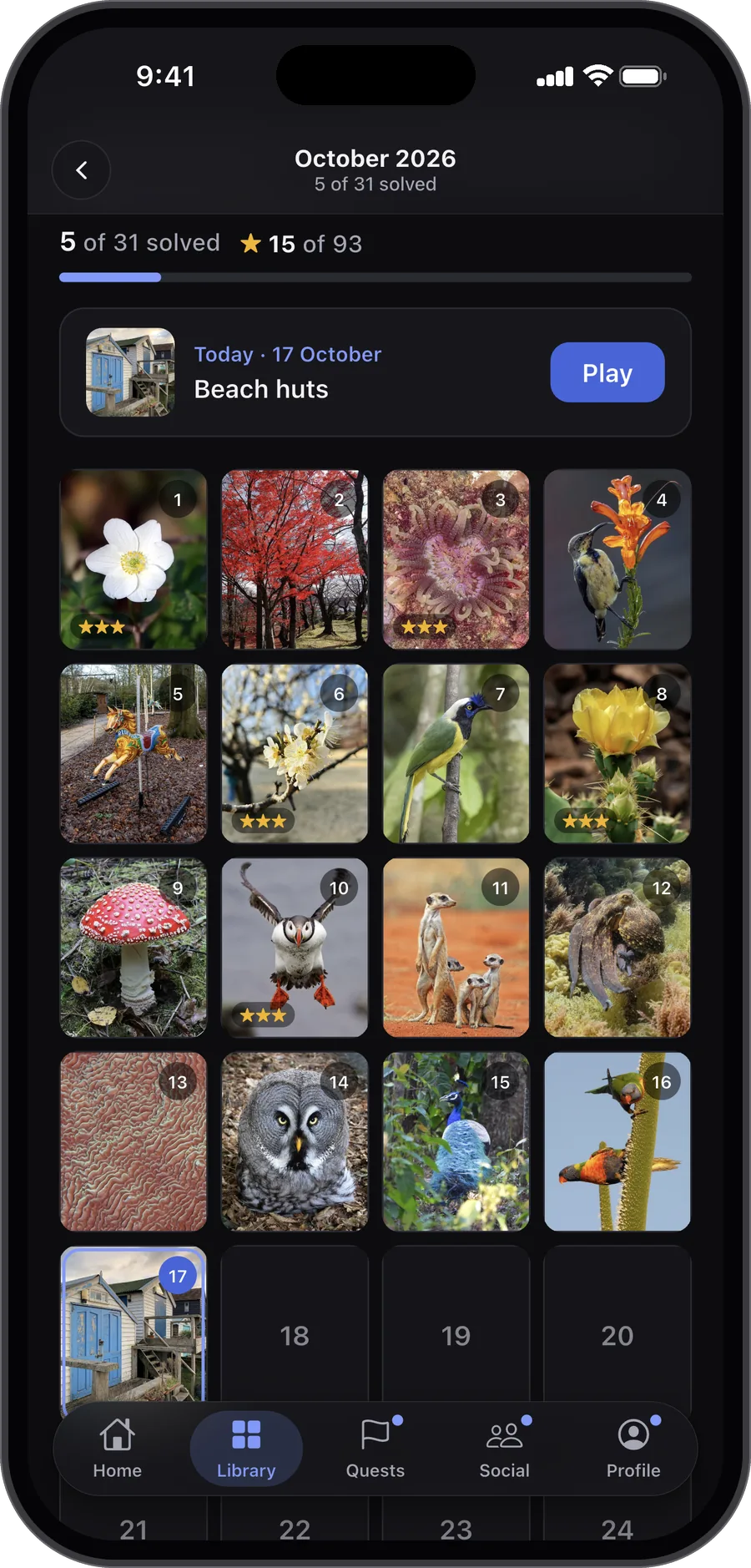 This month's daily pictures, with stars on the days already solved