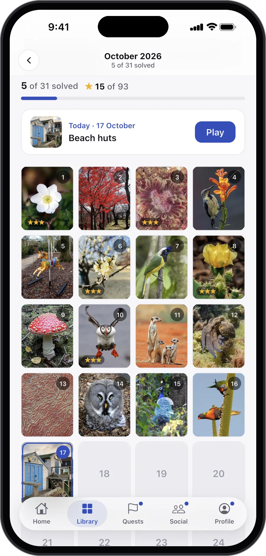 This month's daily pictures, with stars on the days already solved