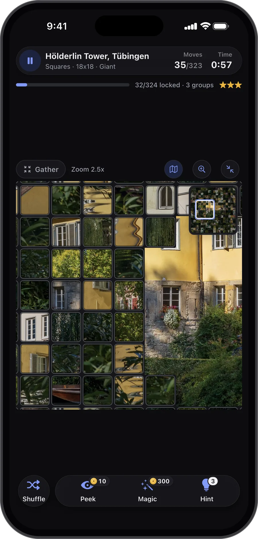 A giant board in the game, zoomed in on a window, with the map of the whole picture in the corner