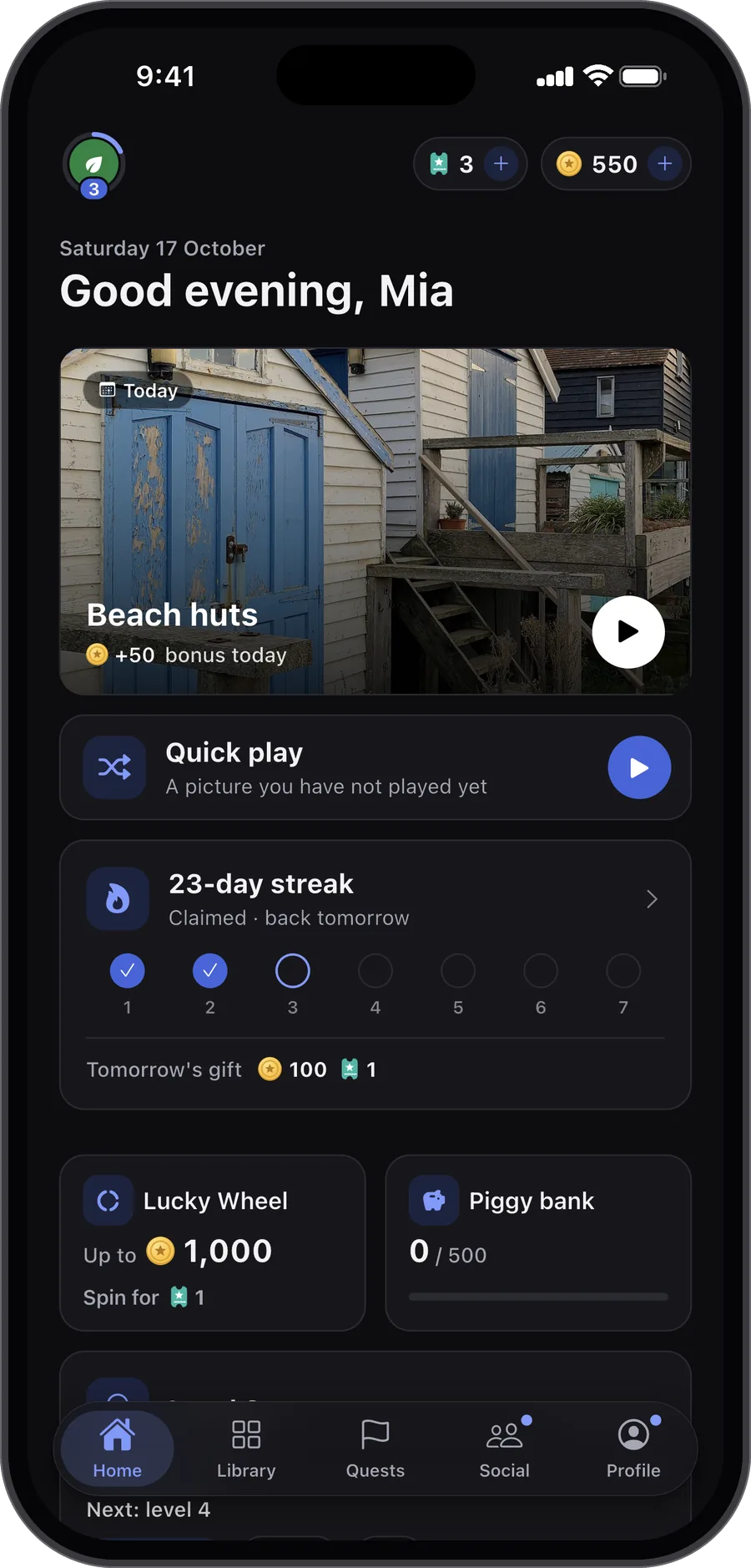 Carden's Home screen in the dark theme