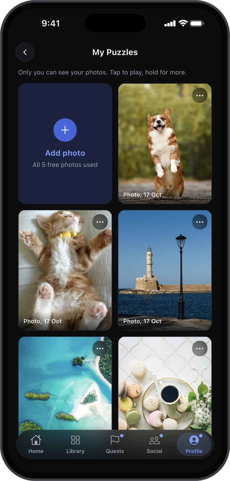 My Puzzles with five photos: a corgi, a kitten, a lighthouse, a lagoon and macarons