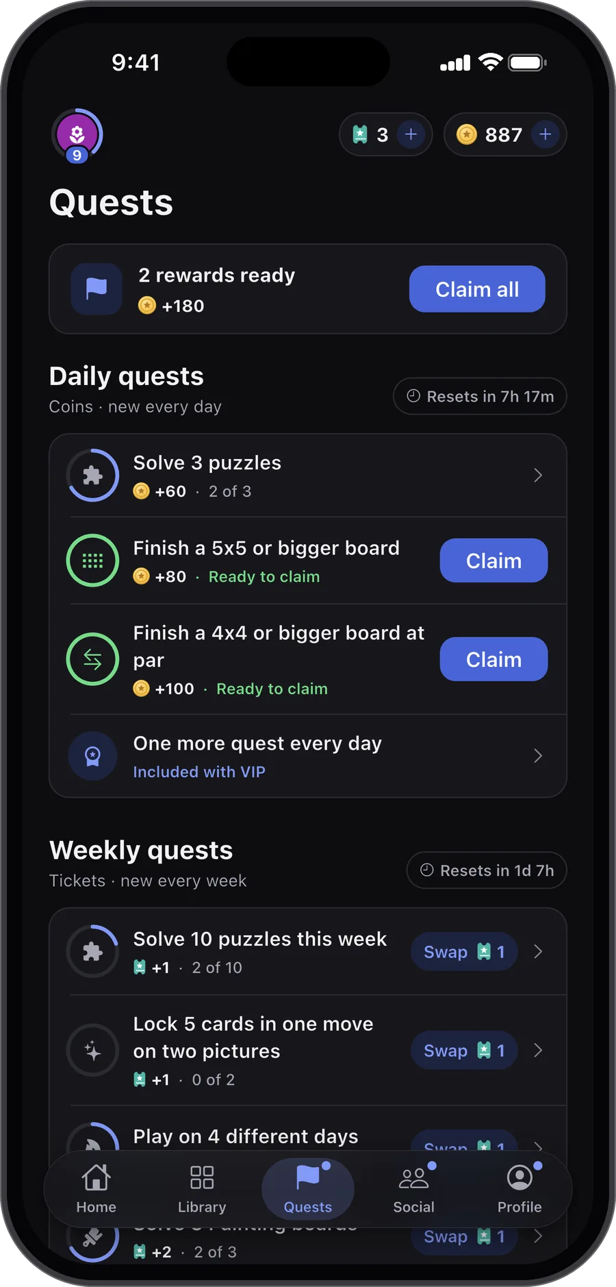 The Quests tab with daily quests and one ready to claim