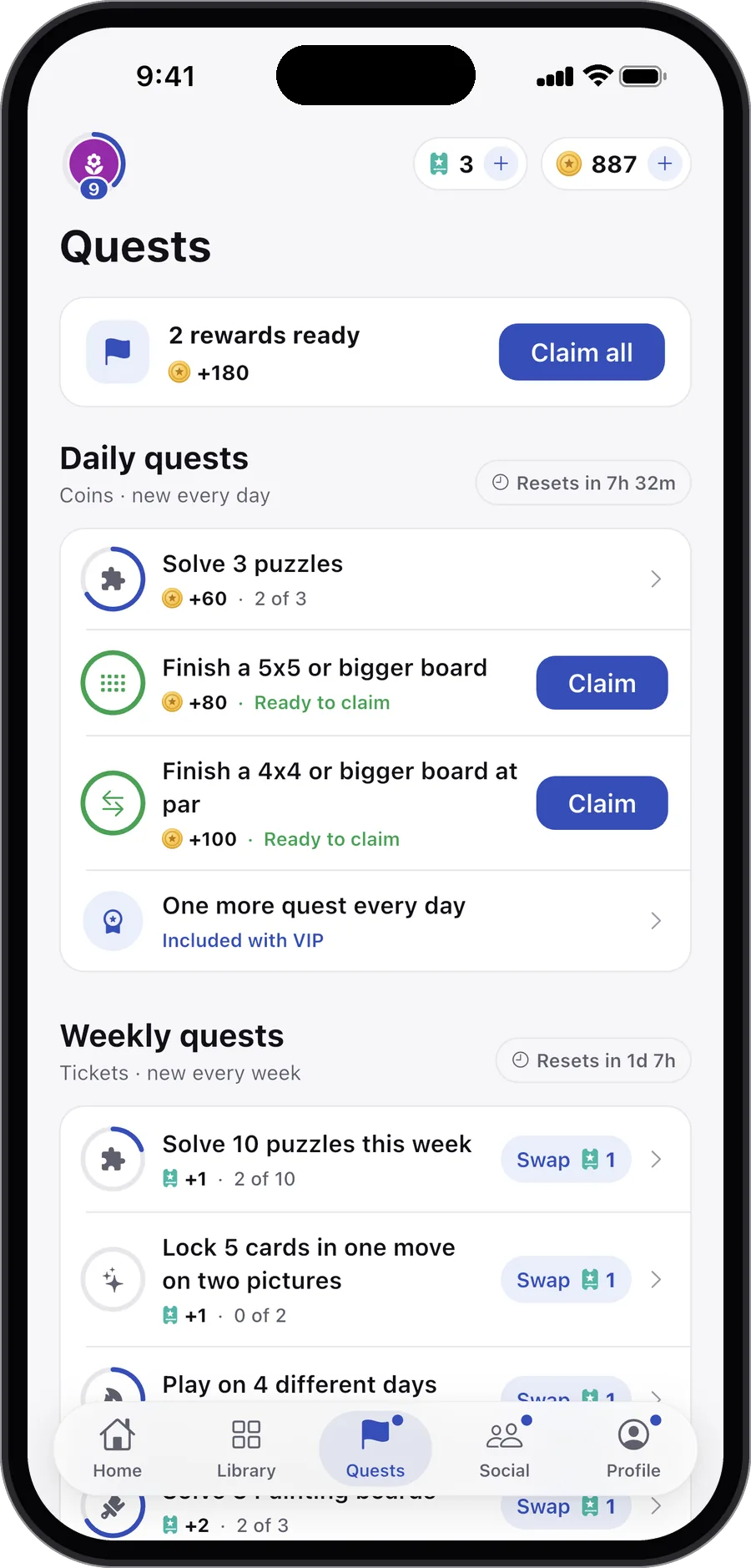 The Quests tab with daily quests and one ready to claim